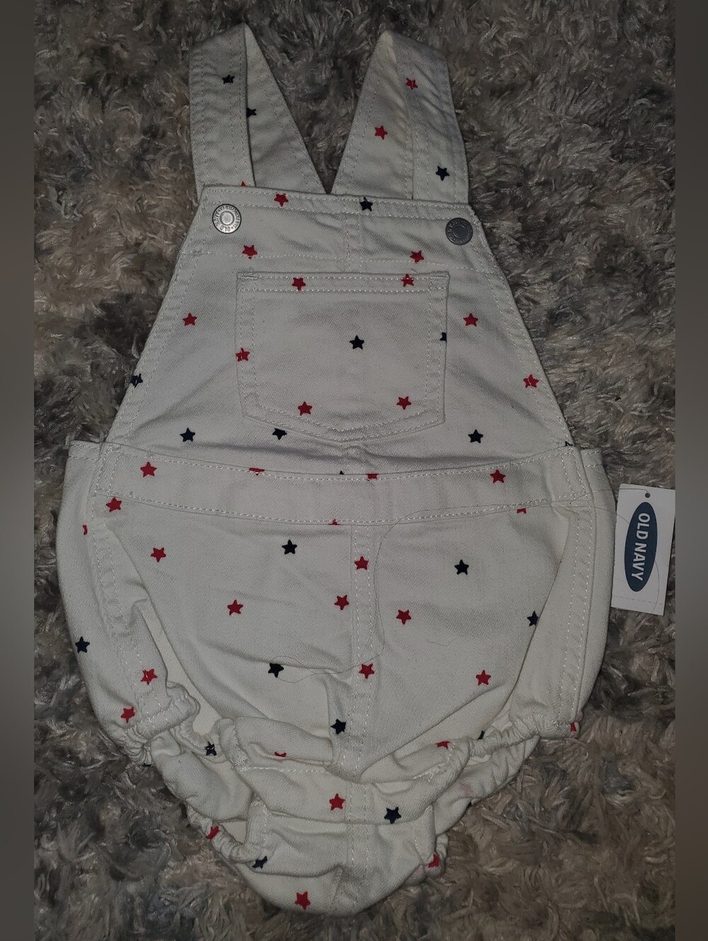24 month Old Navy Baby Girls White Denim Overalls Romper with Red and Blue Stars